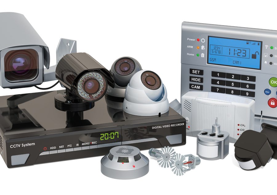 A CCTV system laid out: cameras, digital video recorder, keypad and detectors